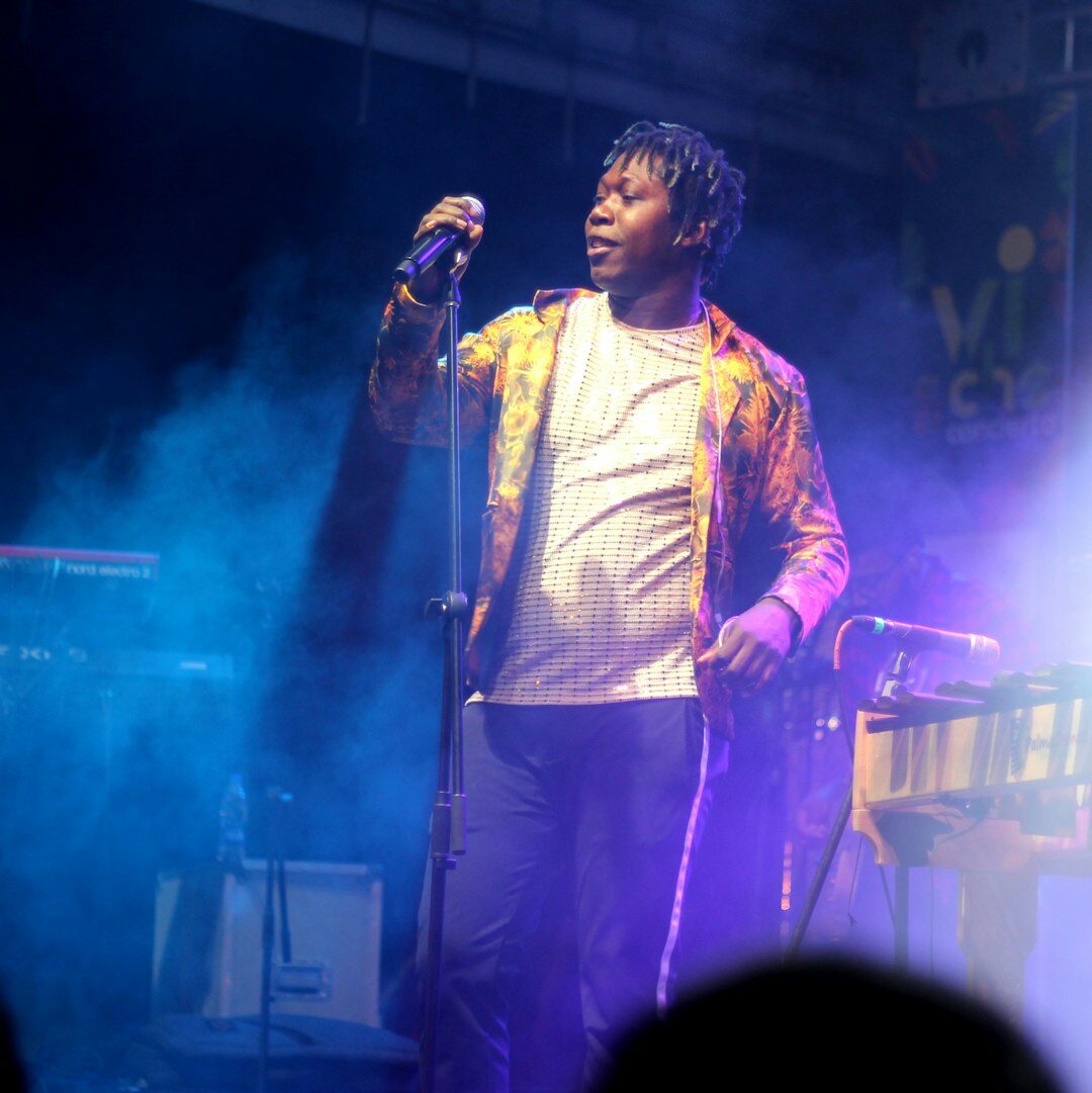 Polish musician performing on stage with microphone
